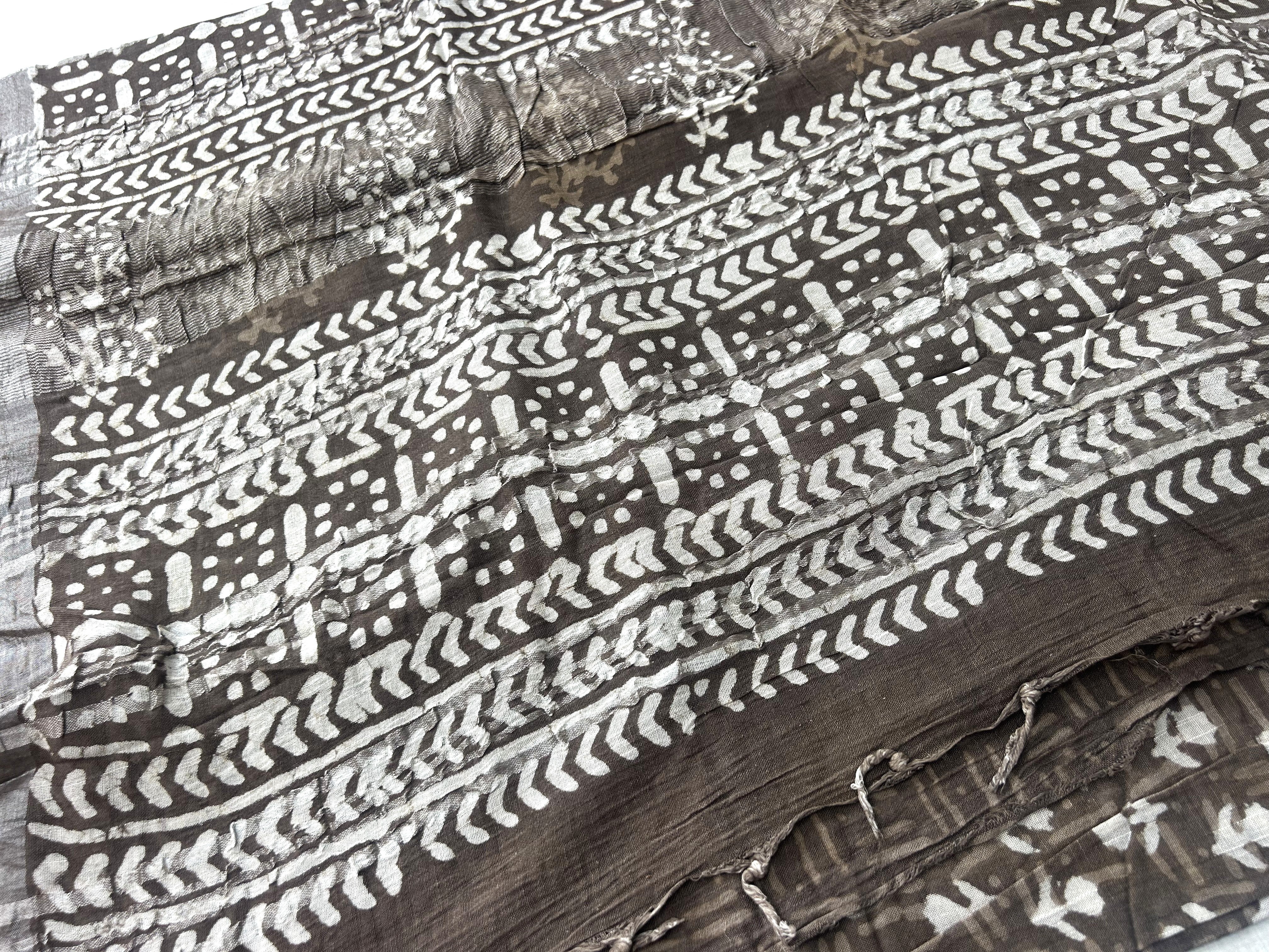 Brown Block Print Linen Saree with Tribal Motif Design |  Bagru Print Saree with Chevron Border | Everyday Ethnic Linen Saree
