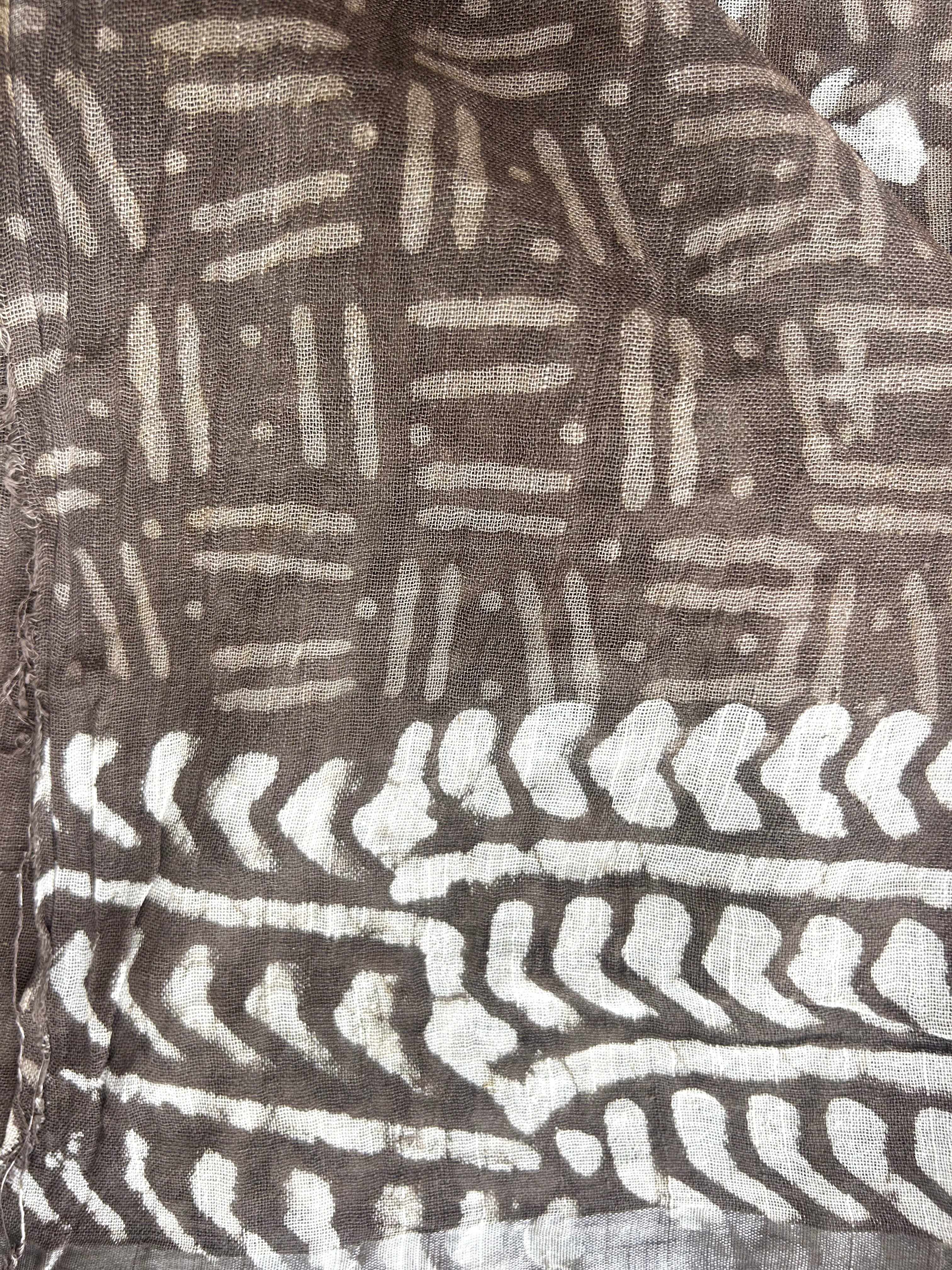 Brown Block Print Linen Saree with Tribal Motif Design |  Bagru Print Saree with Chevron Border | Everyday Ethnic Linen Saree