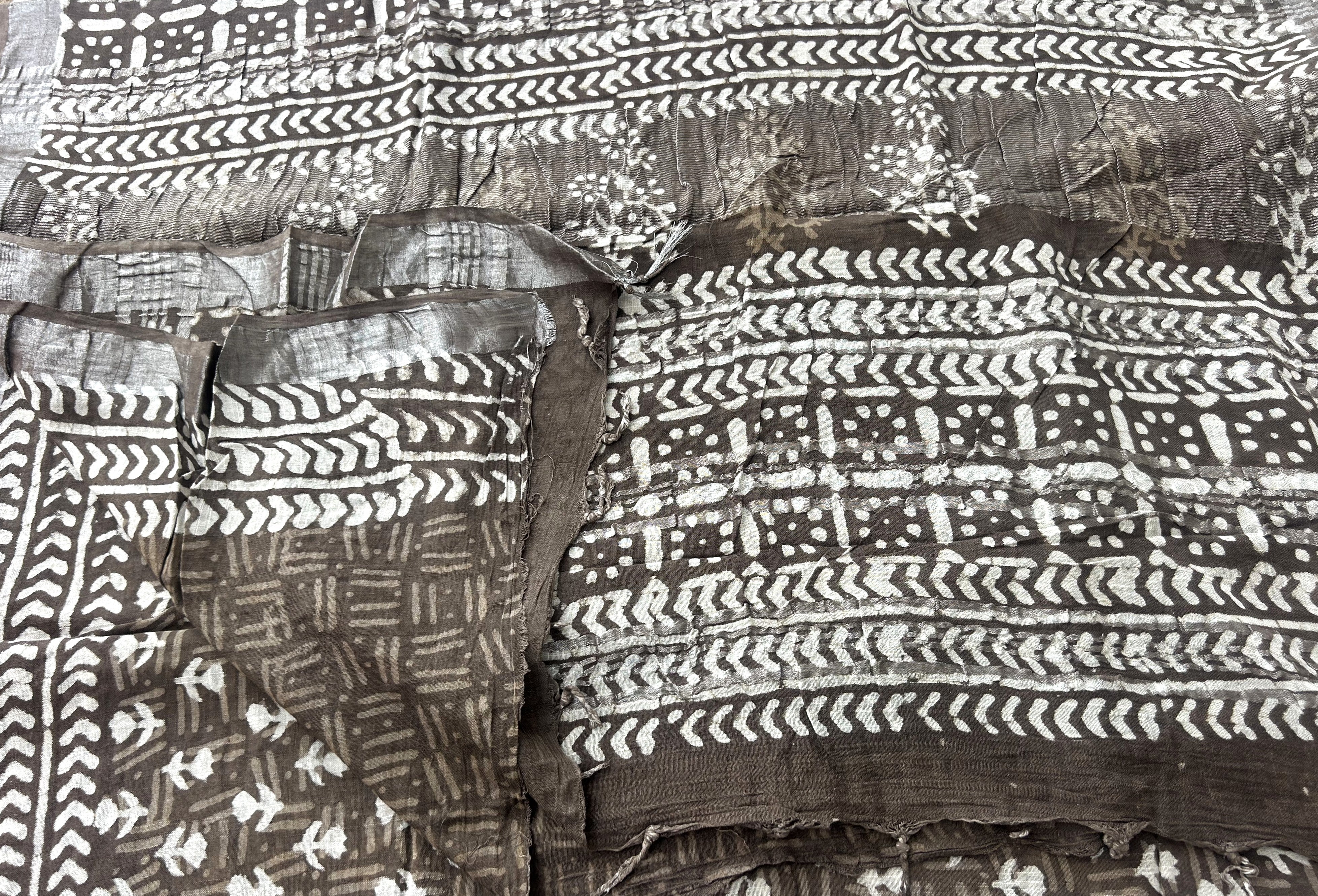Brown Block Print Linen Saree with Tribal Motif Design |  Bagru Print Saree with Chevron Border | Everyday Ethnic Linen Saree
