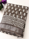 Brown Block Print Linen Saree with Tribal Motif Design |  Bagru Print Saree with Chevron Border | Everyday Ethnic Linen Saree