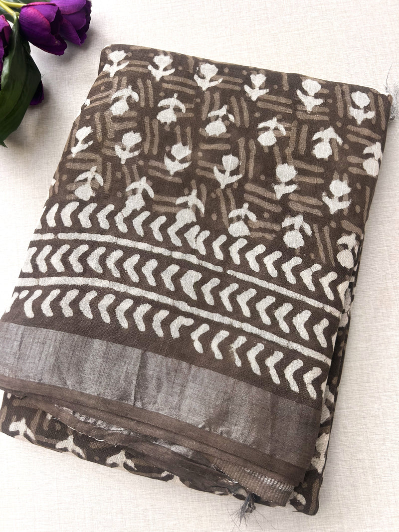 Brown Block Print Linen Saree with Tribal Motif Design |  Bagru Print Saree with Chevron Border | Everyday Ethnic Linen Saree