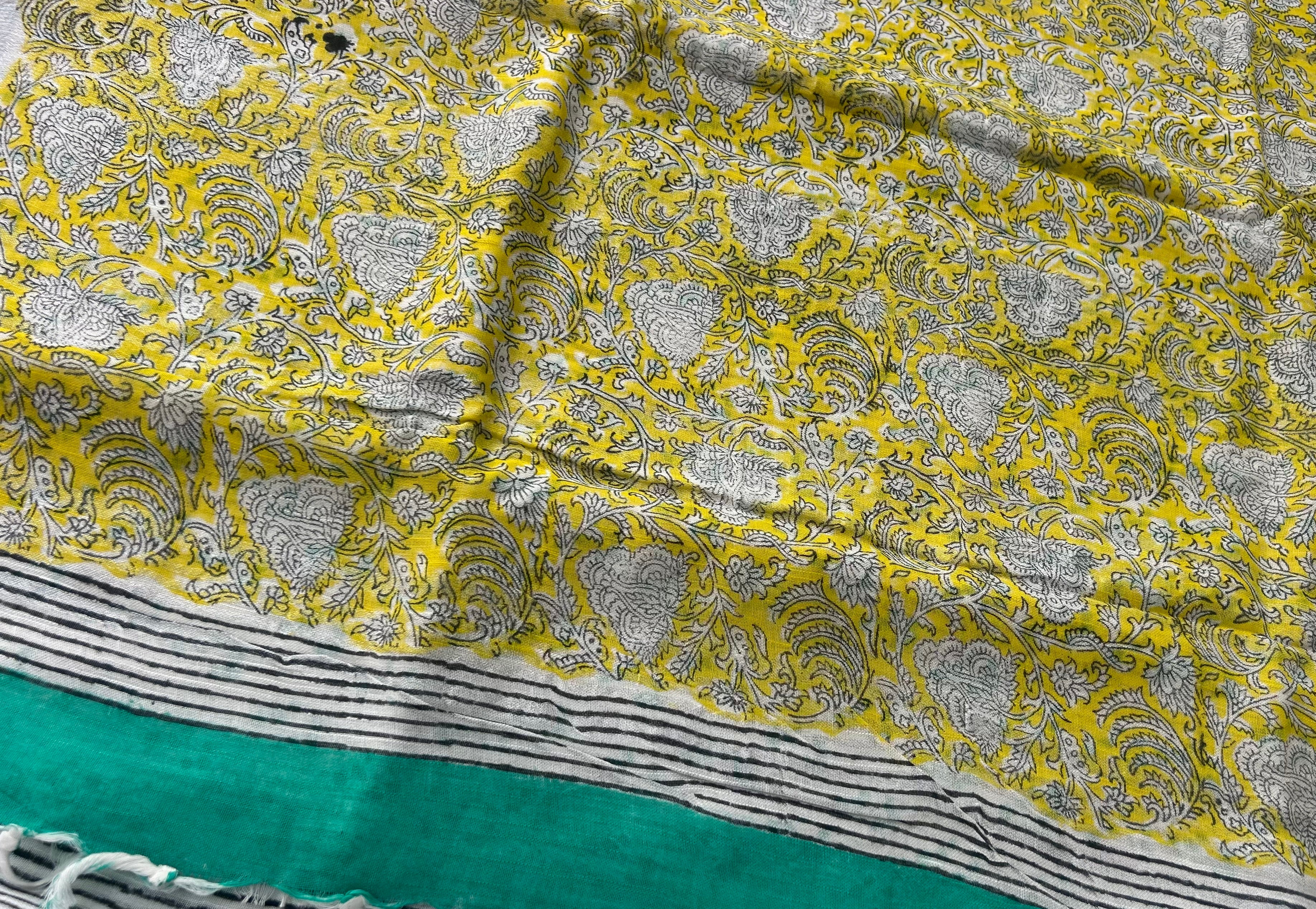 Beige Striped Linen Saree with Turquoise Green Border |  Saree with Mustard Yellow Printed Pallu | Everyday Elegant Cotton Saree