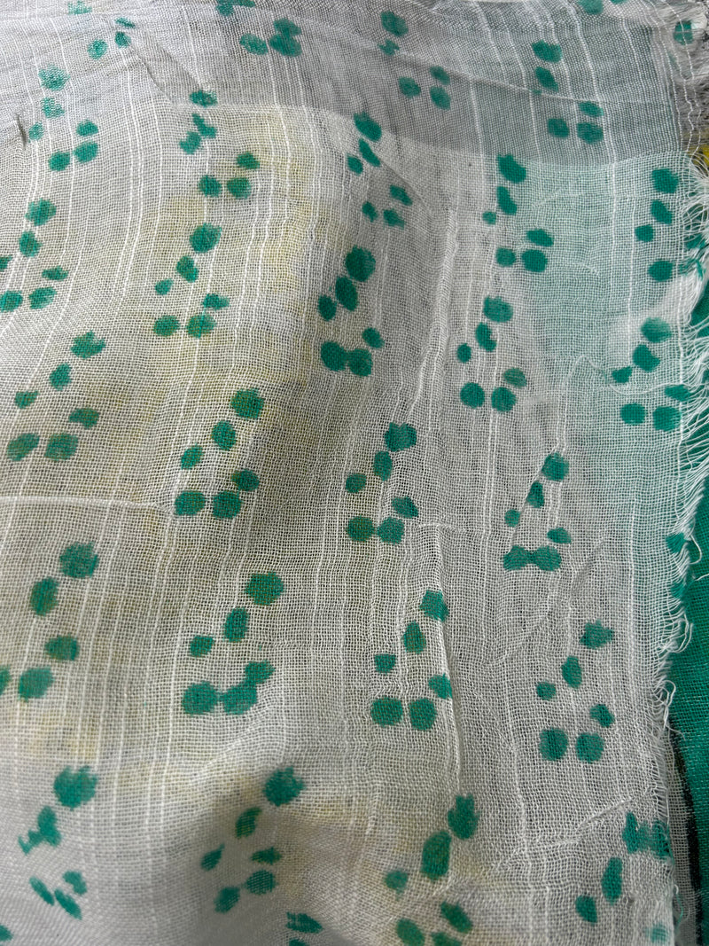 Beige Striped Linen Saree with Turquoise Green Border |  Saree with Mustard Yellow Printed Pallu | Everyday Elegant Cotton Saree