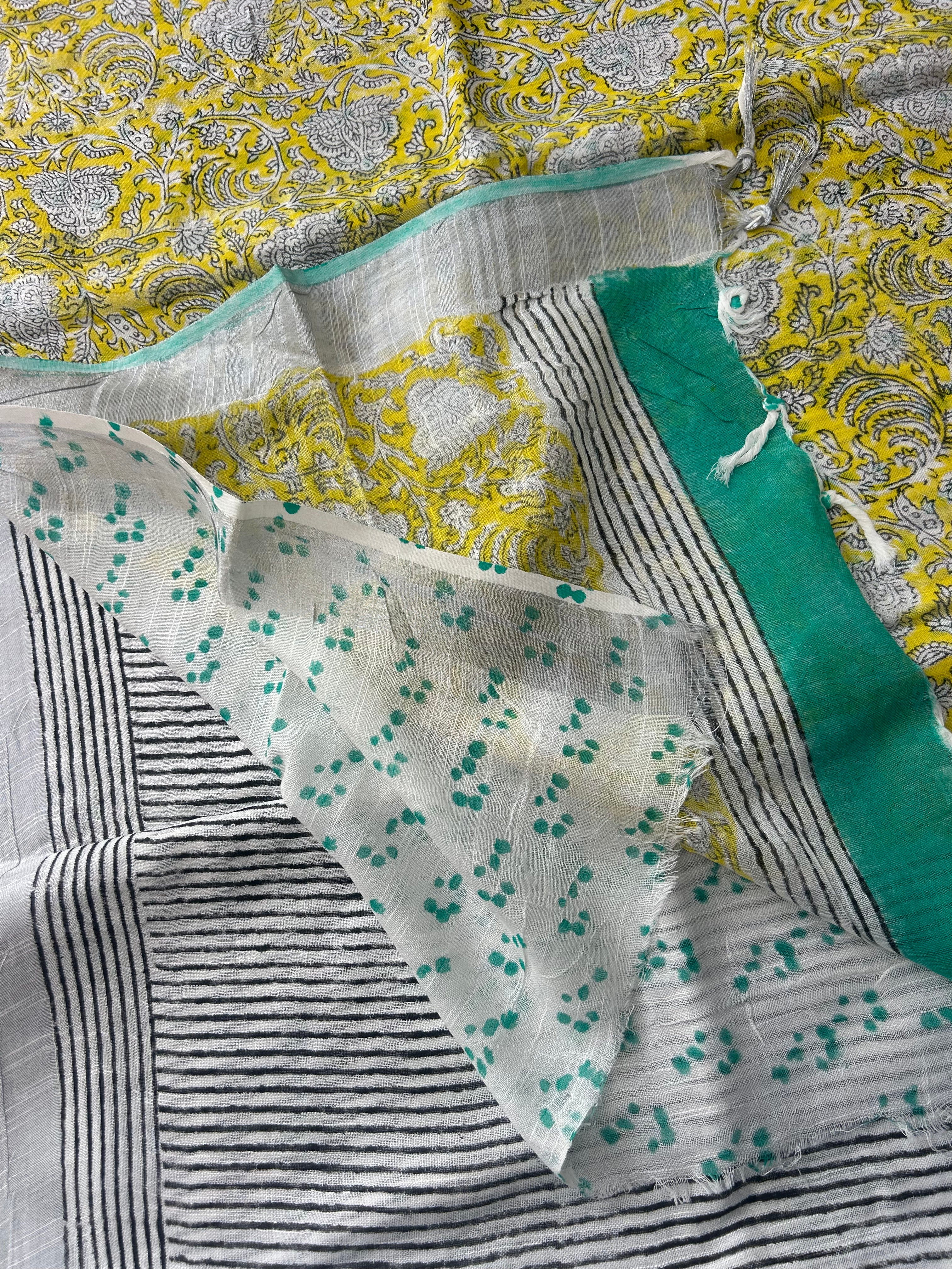Beige Striped Linen Saree with Turquoise Green Border |  Saree with Mustard Yellow Printed Pallu | Everyday Elegant Cotton Saree