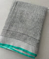 Beige Striped Linen Saree with Turquoise Green Border |  Saree with Mustard Yellow Printed Pallu | Everyday Elegant Cotton Saree