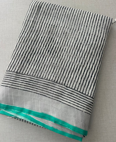 Beige Striped Linen Saree with Turquoise Green Border |  Saree with Mustard Yellow Printed Pallu | Everyday Elegant Cotton Saree