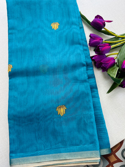 Premium Lotus Butta Silk Cotton Saree – Peacock Blue | Krisa Collections
