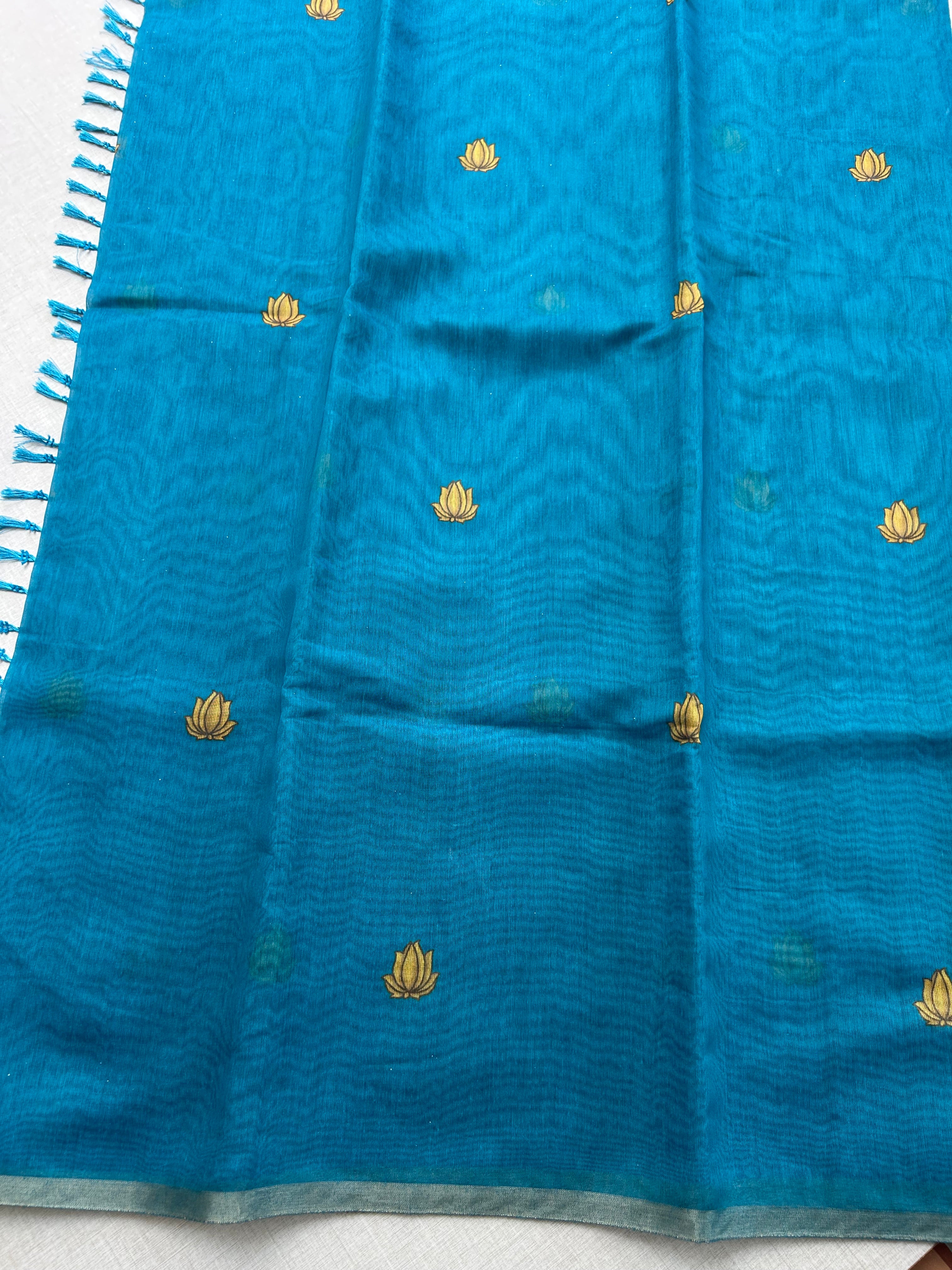 Elegant Blue Shimmer Tissue Saree with Floral Printed Pallu | KRISA COLLECTIONS