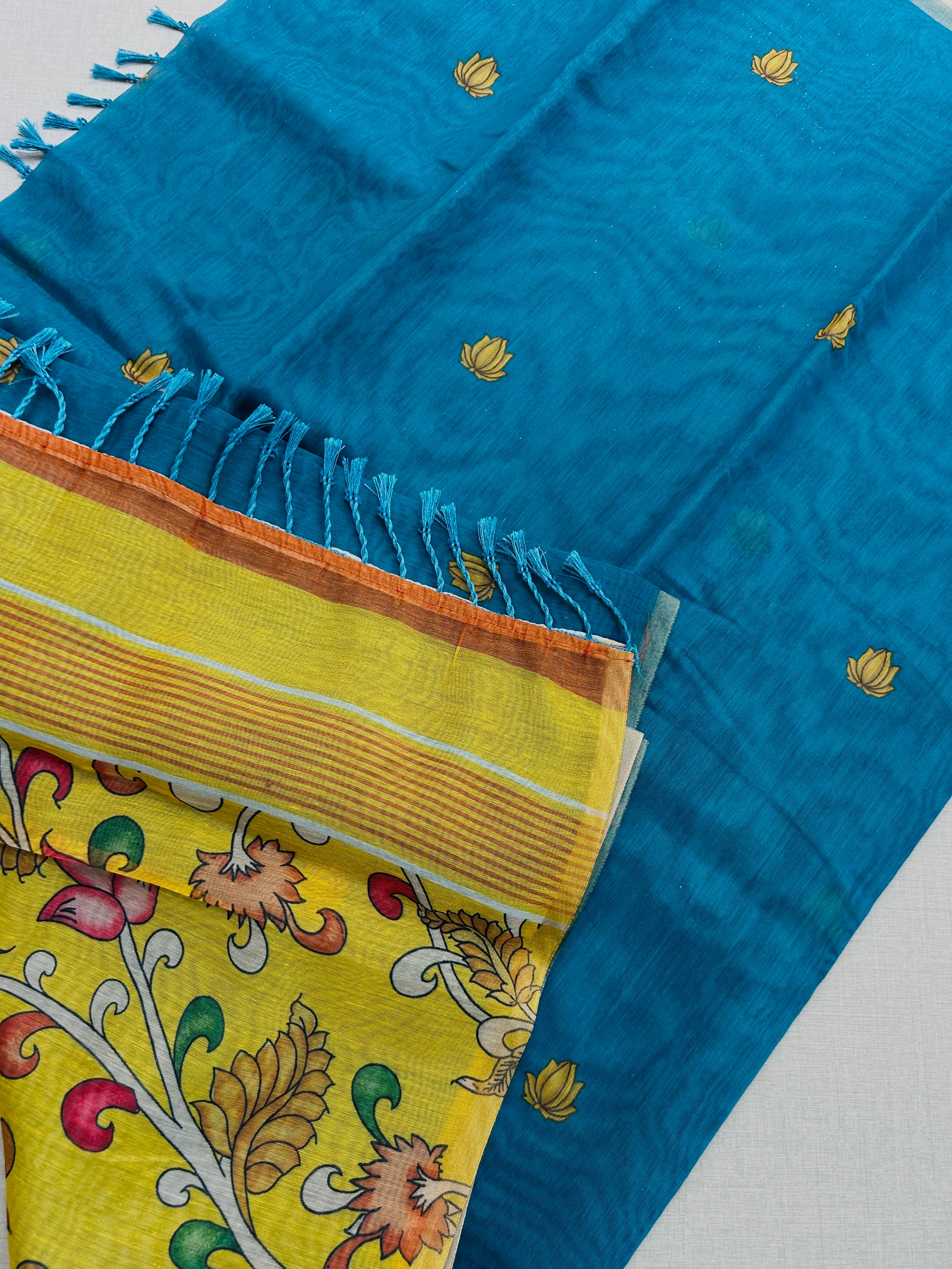 Premium Lotus Butta Silk Cotton Saree – Peacock Blue | Krisa Collections