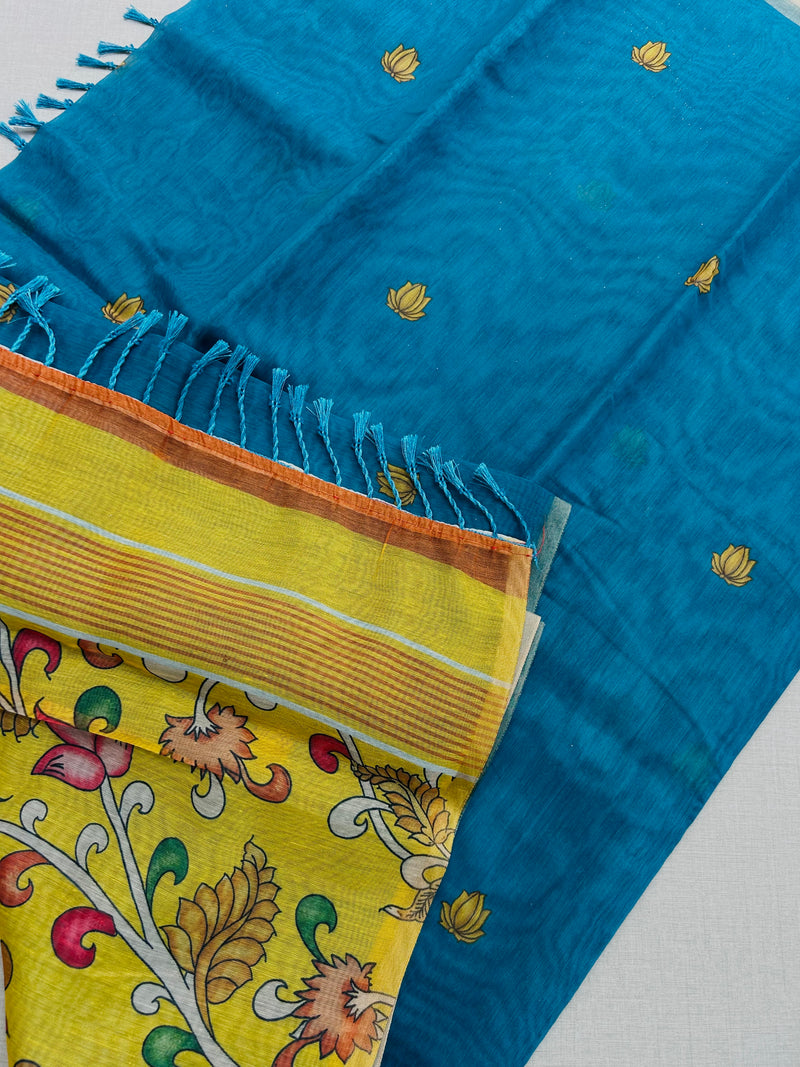 Premium Lotus Butta Silk Cotton Saree – Peacock Blue | Krisa Collections