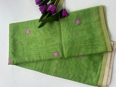 Elegant Green Shimmer Tissue Saree with Floral Printed Pallu | KRISA COLLECTIONS