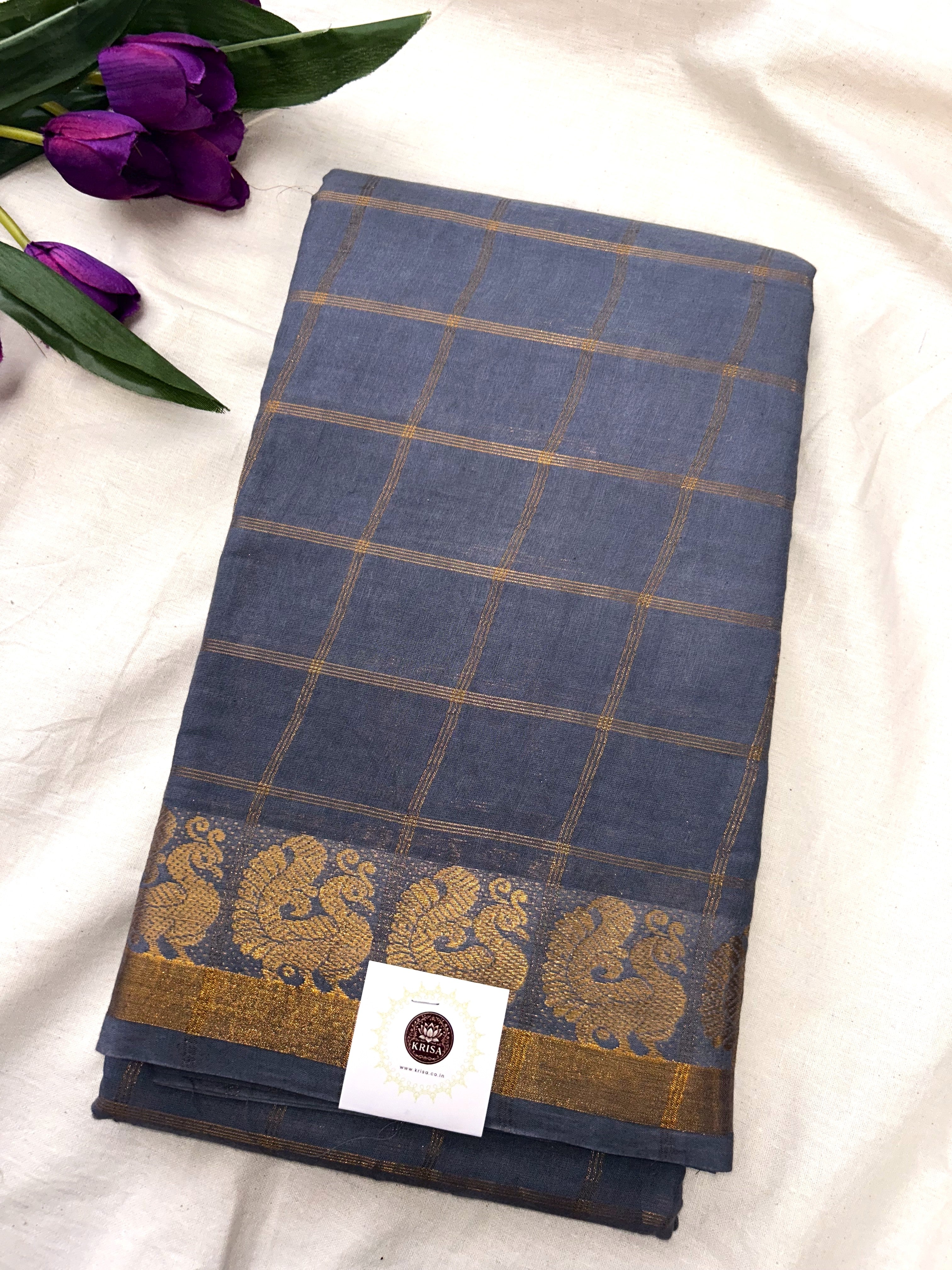 Pavithra Kattam Sungudi Cotton Saree with Gold Zari Checks & Peacock Border