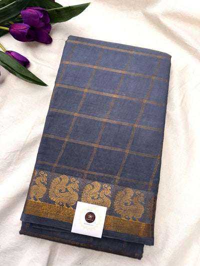 Pavithra Kattam Sungudi Cotton Saree with Gold Zari Checks & Peacock Border