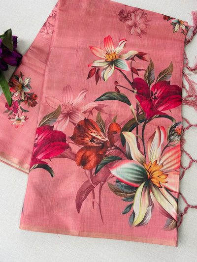 Digital print peach floral print saree with floral print blouse|krisa collections Aadi Offer!