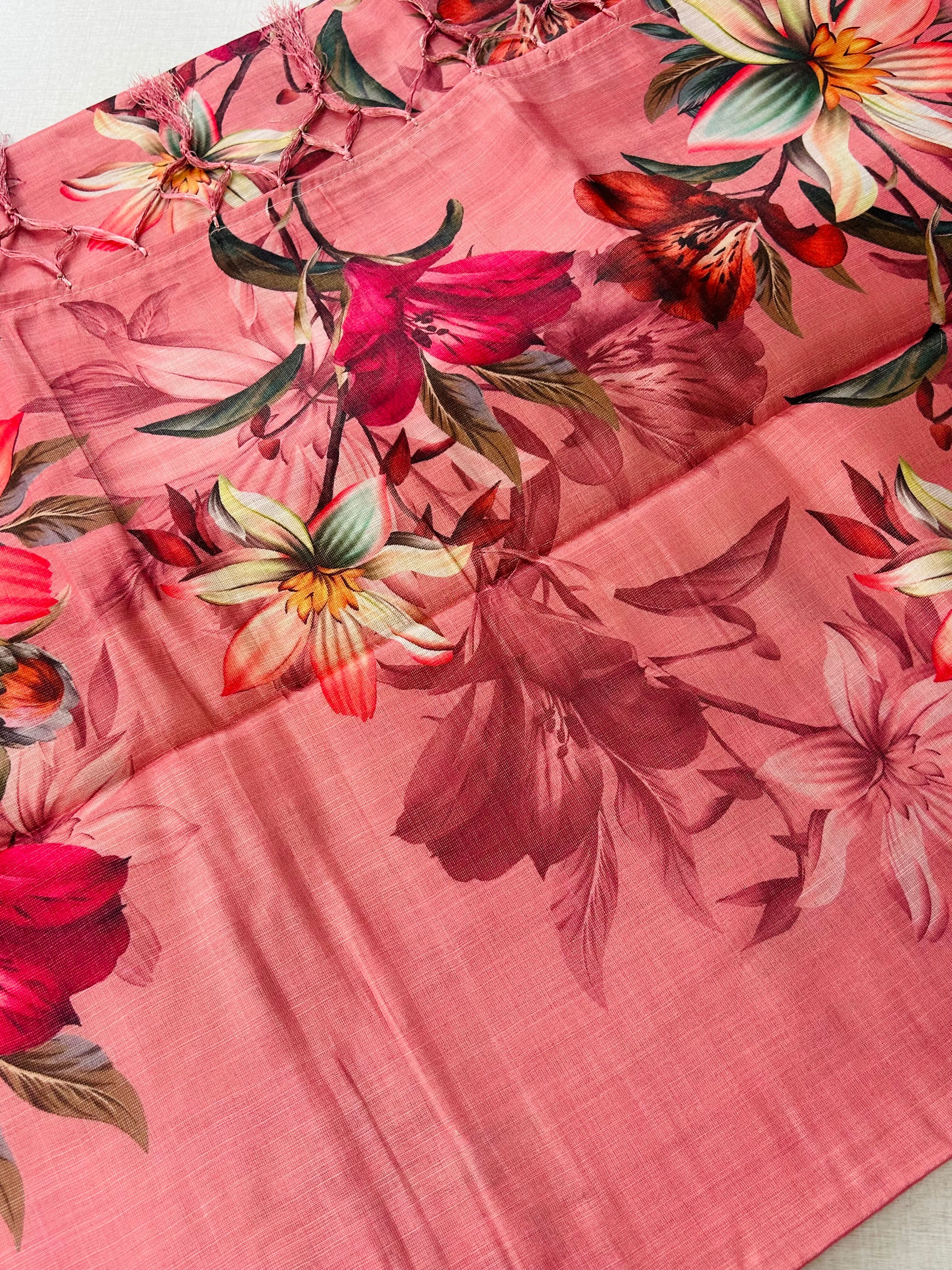 Digital print peach floral print saree with floral print blouse|krisa collections Aadi Offer!