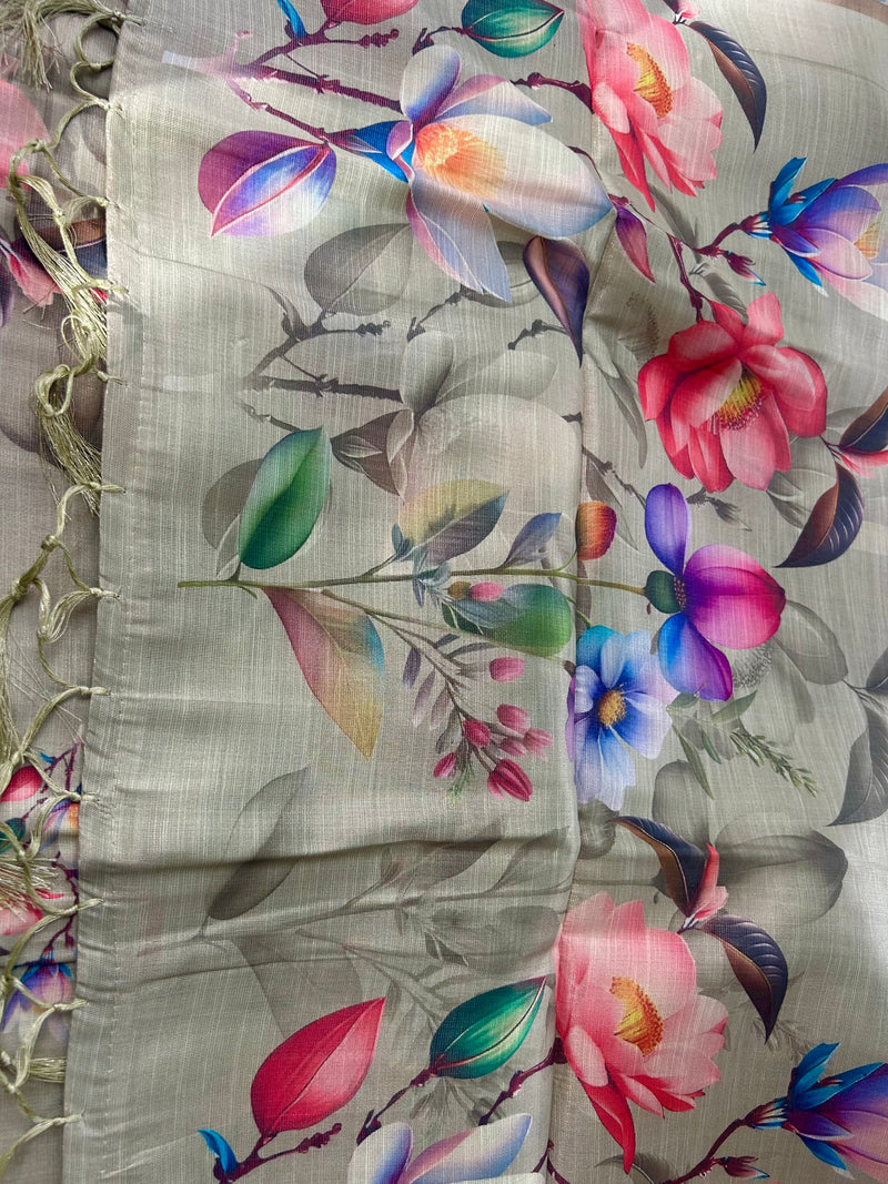 Digital print pale green linen saree with floral print blose|krisa collections Aadi Offer!