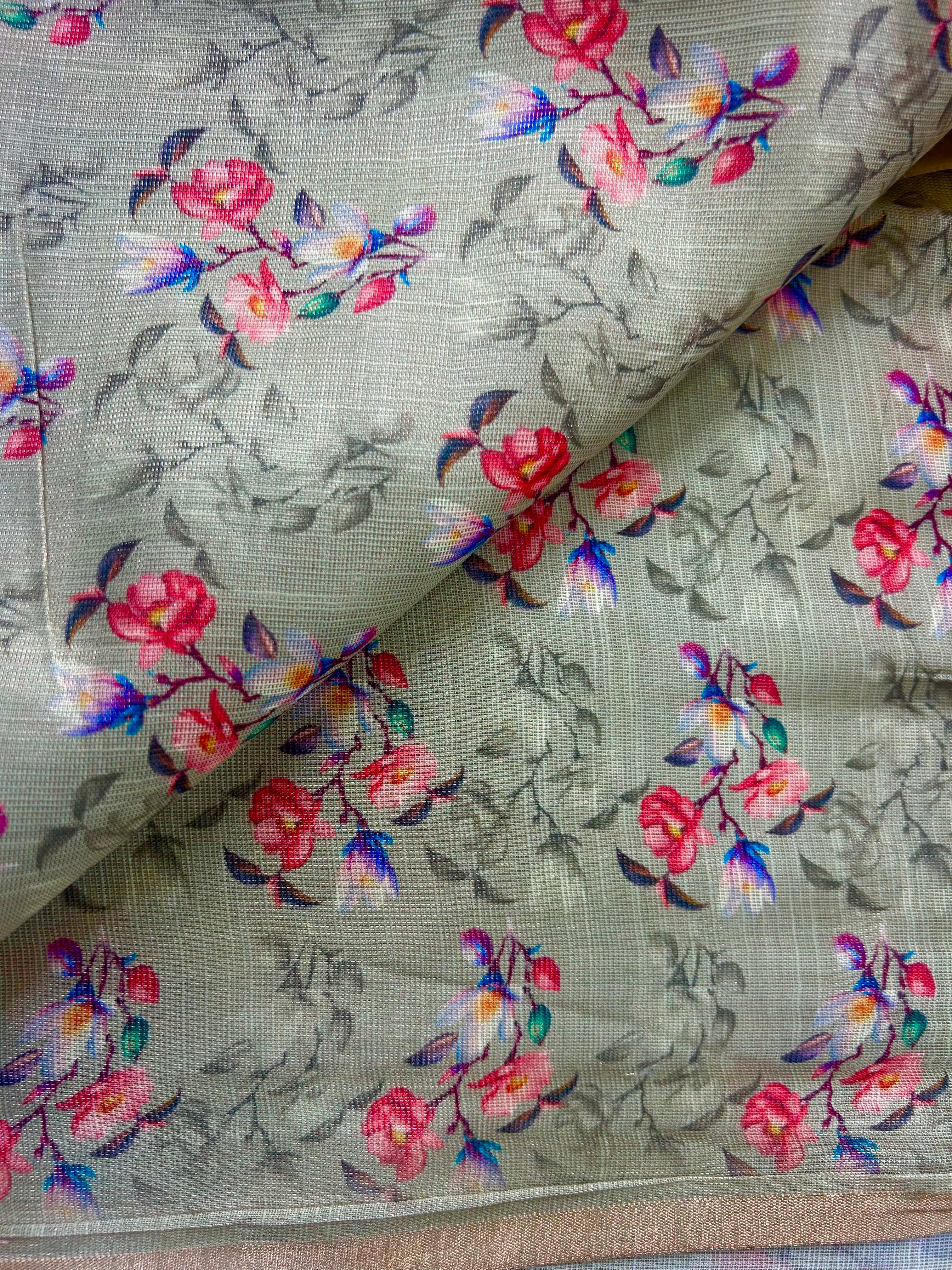 Digital print pale green linen saree with floral print blose|krisa collections Aadi Offer!