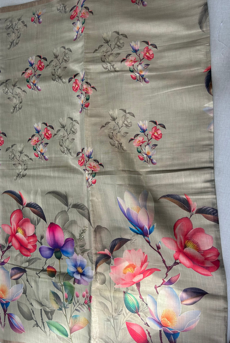 Digital print pale green linen saree with floral print blose|krisa collections Aadi Offer!