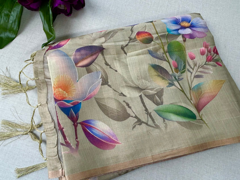 Digital print pale green linen saree with floral print blose|krisa collections Aadi Offer!