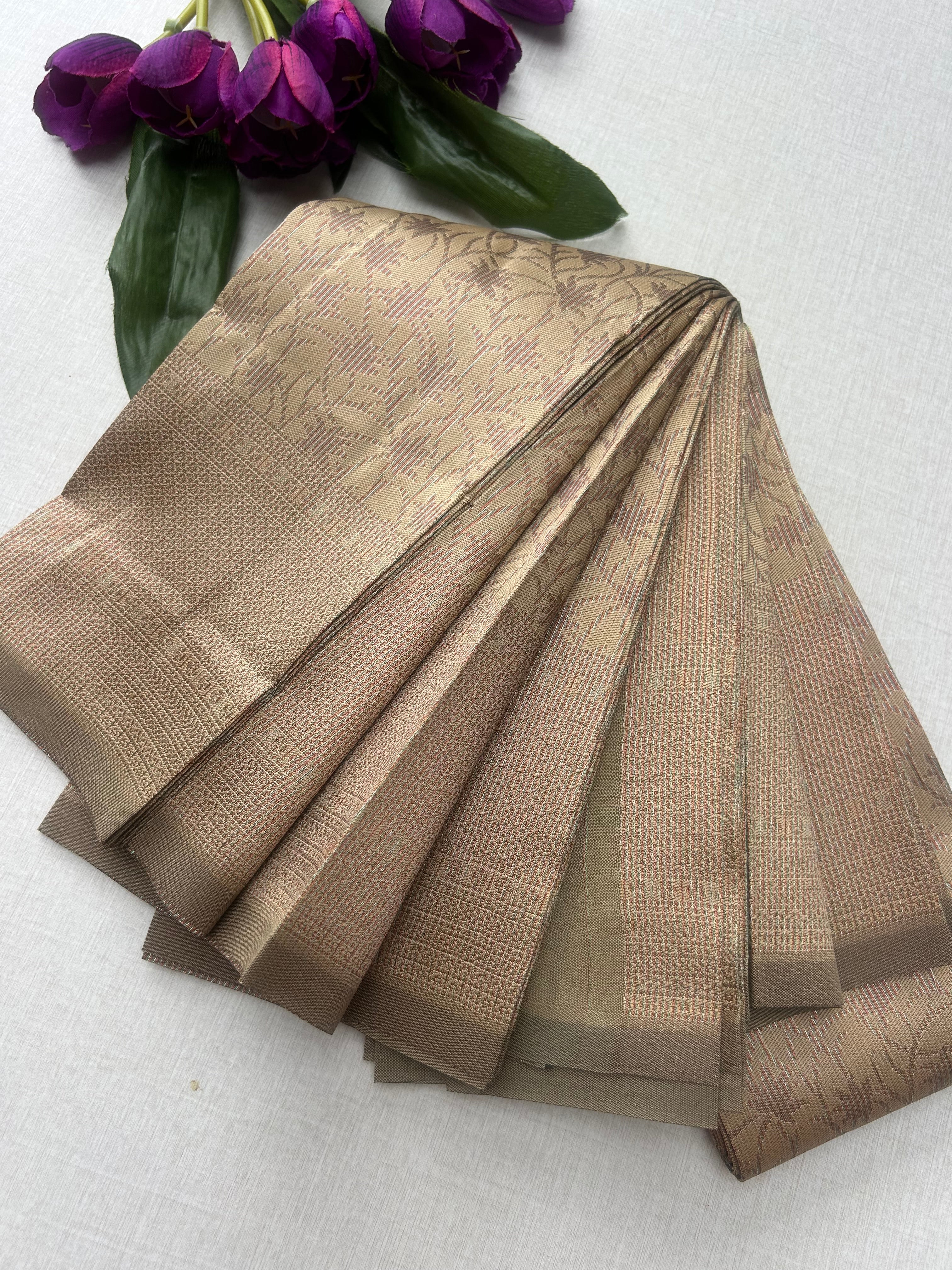 Premium Champagne Gold Soft Silk Saree with Elegant Self Zari Floral Weaving & Running Blouse|Aadi Offer Sale| | KRISA COLLECTIONS