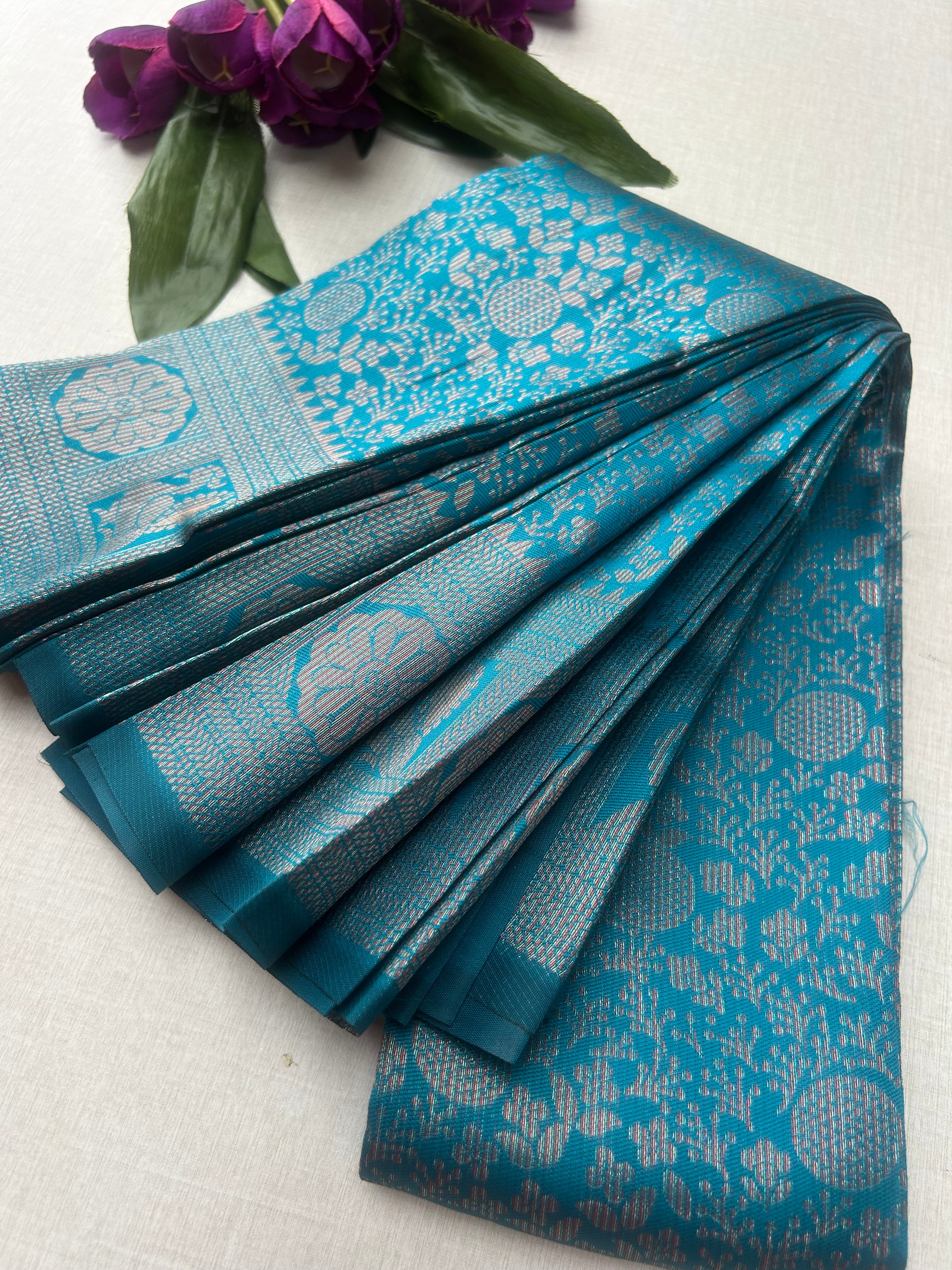 Premium Peacock Blue Soft Silk Saree with Rich Silver Zari Weaving & Running Blouse |Aadi Offer Sale|| KRISA COLLECTIONS