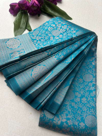 Premium Peacock Blue Soft Silk Saree with Rich Silver Zari Weaving & Running Blouse |Aadi Offer Sale|| KRISA COLLECTIONS