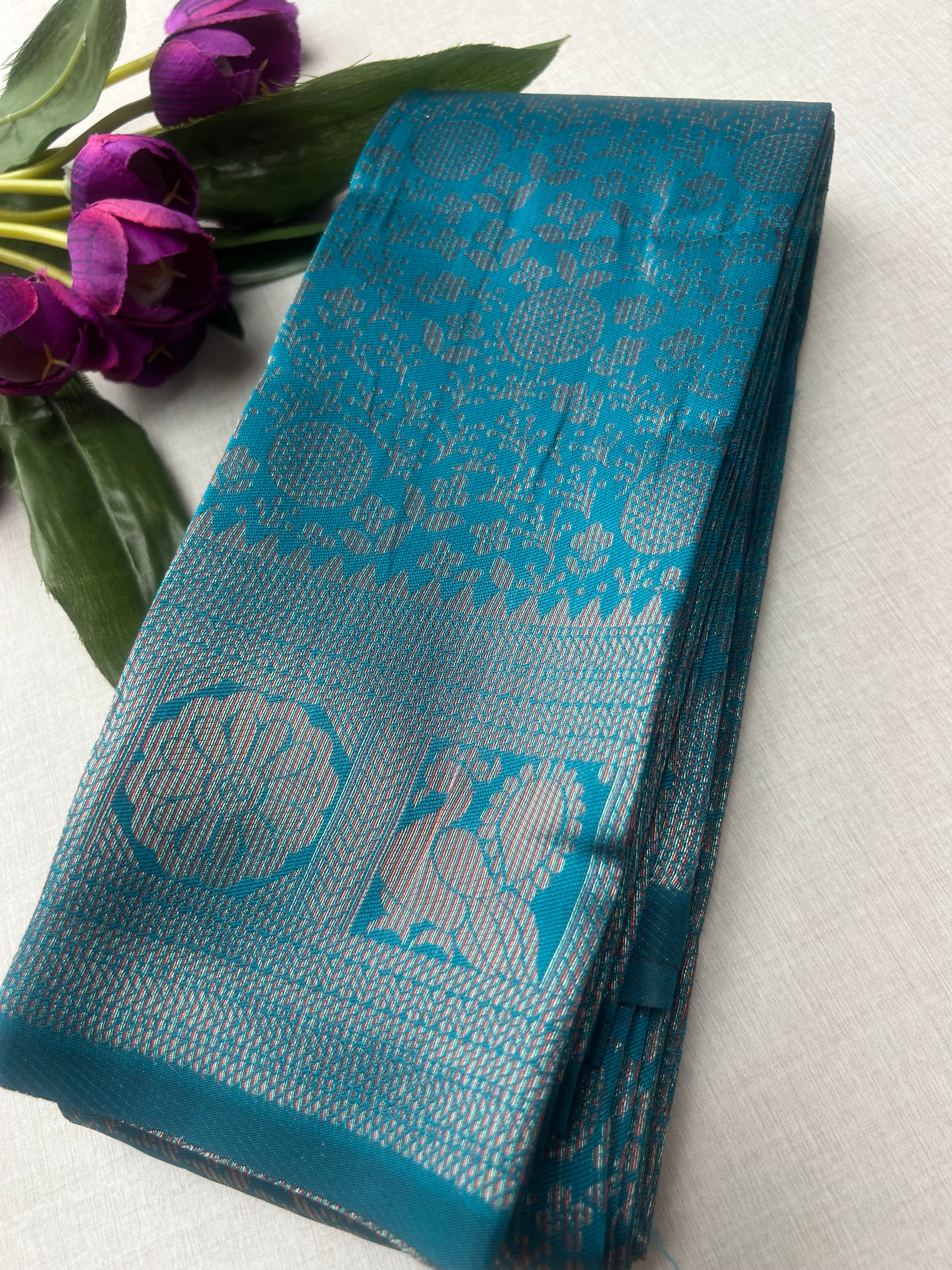 Premium Peacock Blue Soft Silk Saree with Rich Silver Zari Weaving & Running Blouse |Aadi Offer Sale|| KRISA COLLECTIONS