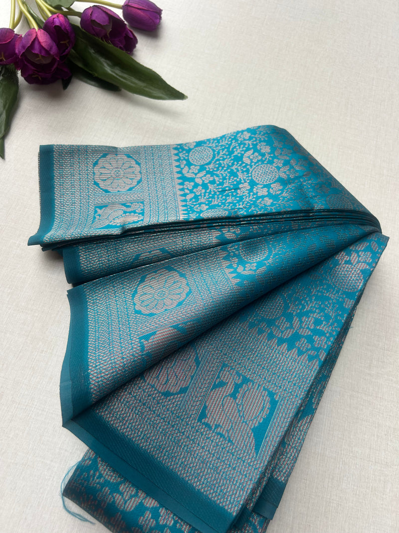 Premium Peacock Blue Soft Silk Saree with Rich Silver Zari Weaving & Running Blouse |Aadi Offer Sale|| KRISA COLLECTIONS