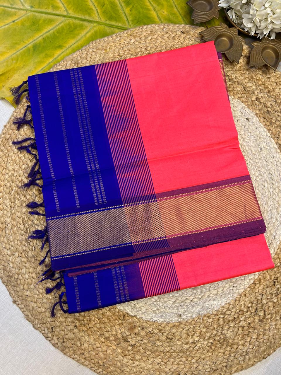 Pure silk cotton with contrast blue blouse  002