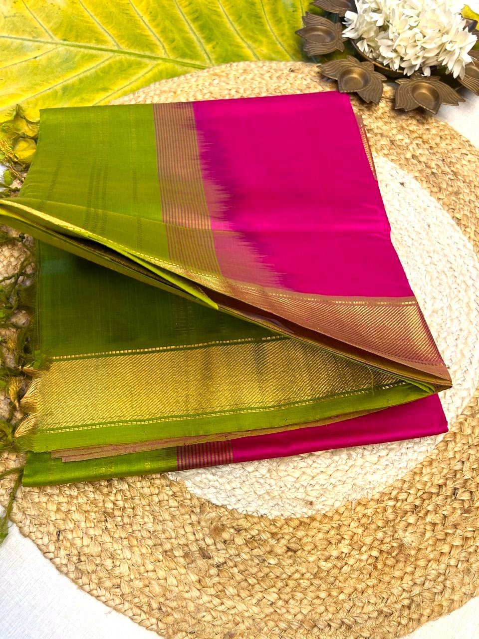 Pure silk cotton with contrast green blouse  001
