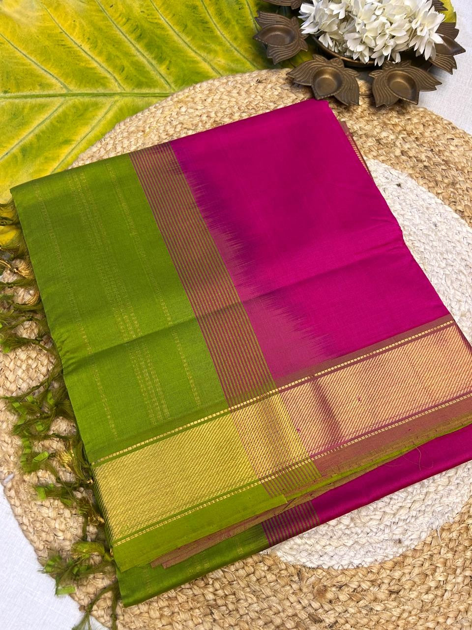 Pure silk cotton with contrast green blouse  001