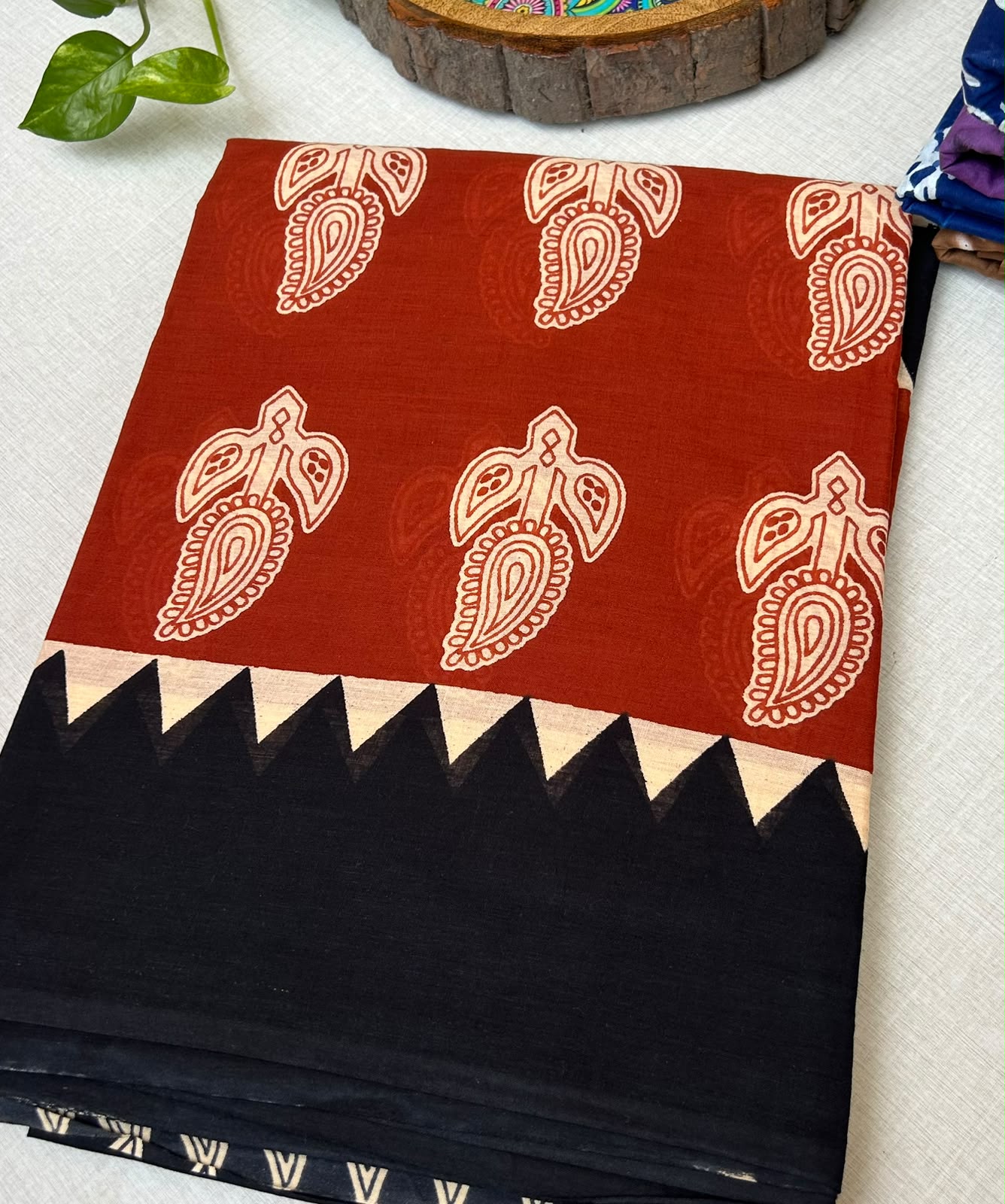 Ajrakh Print Mulmul Cotton Saree – Rust Red and Black with Paisley Motifs| Skin-Friendly Cotton Saree | KRISA Collections