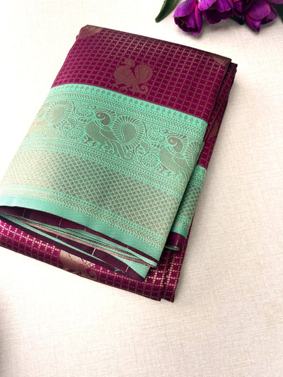 Rich wine-purple Kanchipuram silk saree features intricate gold zari checks|Krisa  |limited time offer