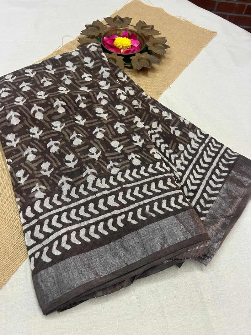 Bagru Handblock print Linen Saree with attached Blouse 777B02
