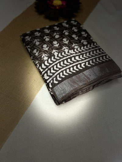 Bagru Handblock print Linen Saree with attached Blouse 777B02