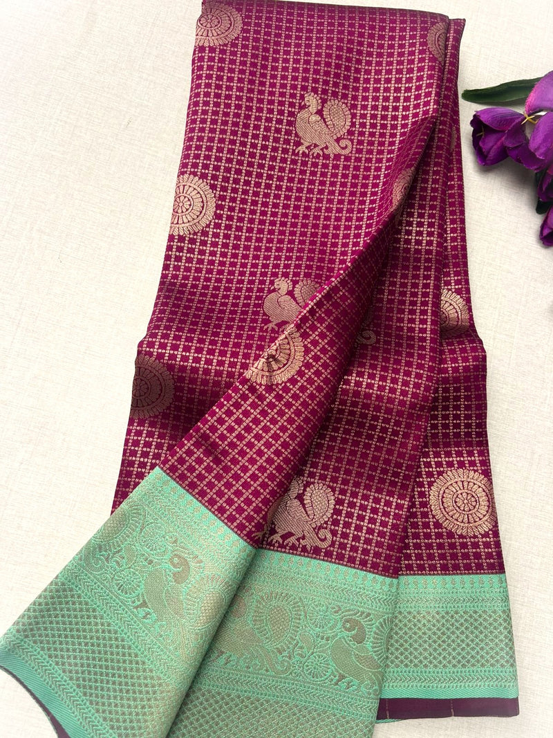 Rich wine-purple Kanchipuram silk saree features intricate gold zari checks|Krisa  |limited time offer