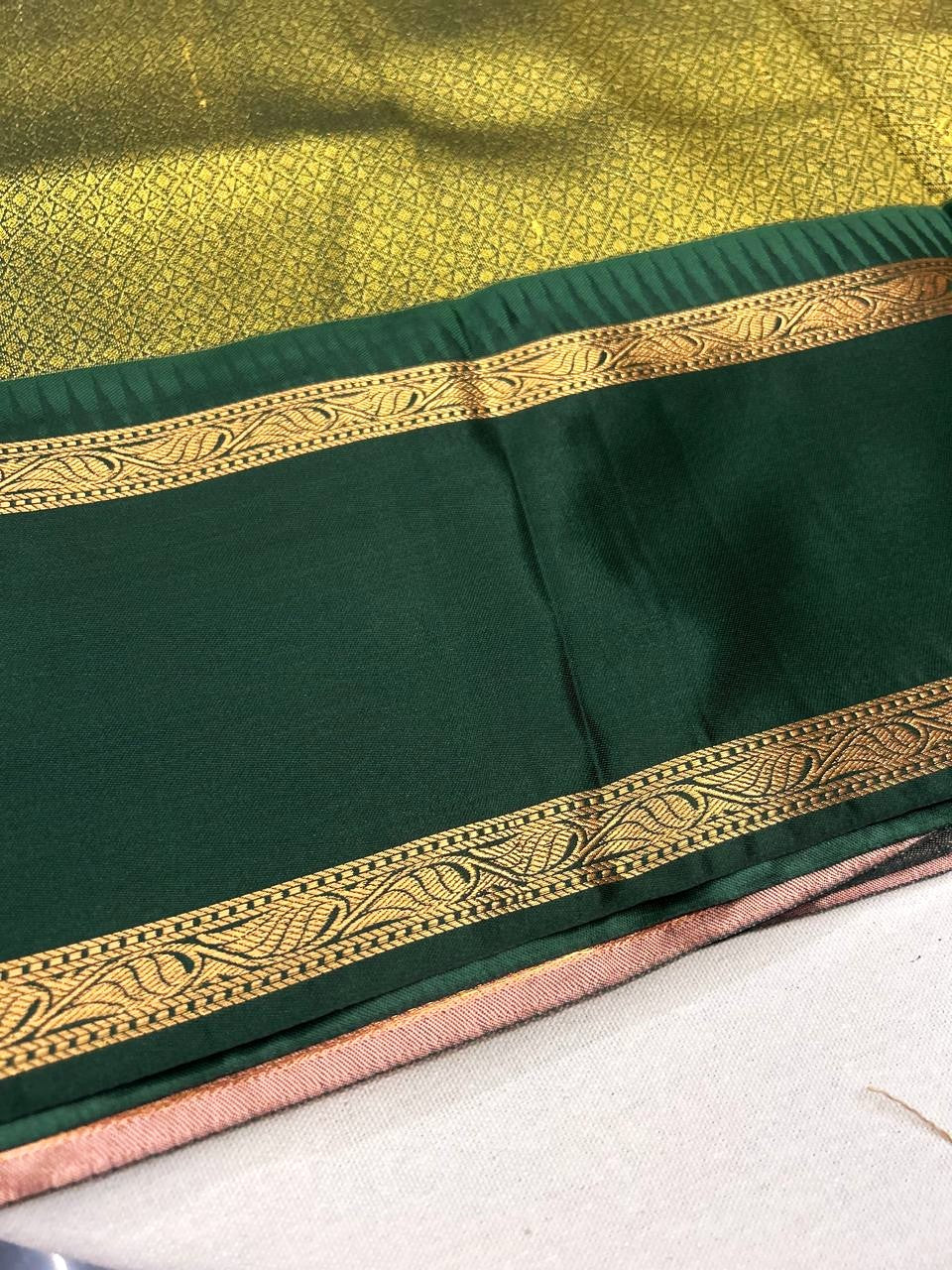 Peach-Pink Silk Saree with Black-Gold Zari Checked Body & Temple Border|Kanchipuram Handloom Silk|Krisa Collections