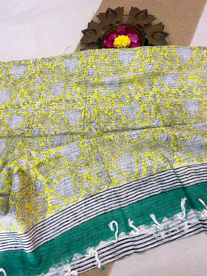 Bagru Handblock print Linen Saree with attached Blouse 777B01