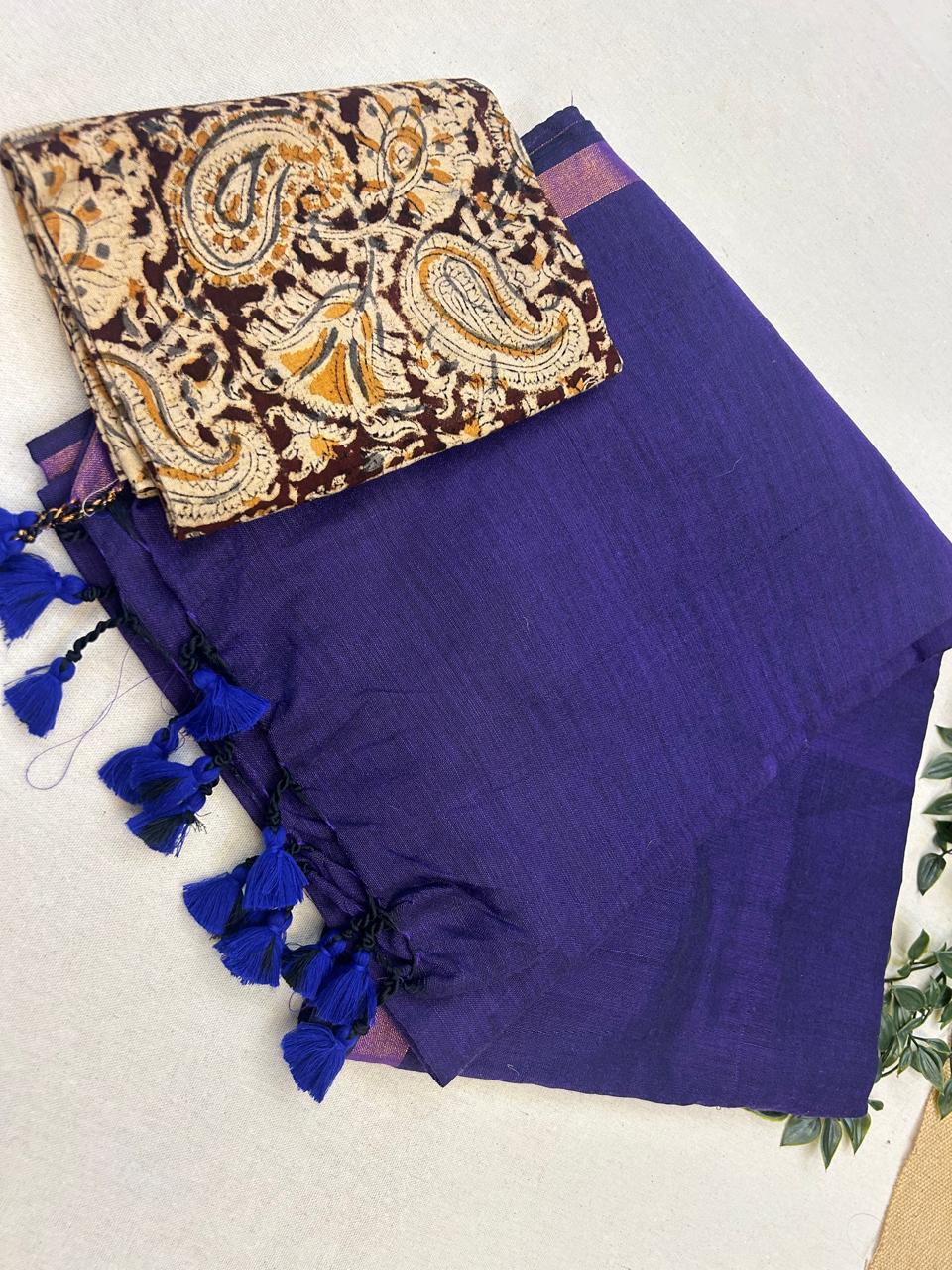 Blue Khadi Cotton Saree With Blouse | Extra Kalamkari Blouse|Lightweight Handloom Cotton Saree | KRISA