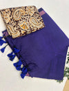 Blue Khadi Cotton Saree With Blouse | Extra Kalamkari Blouse|Lightweight Handloom Cotton Saree | KRISA