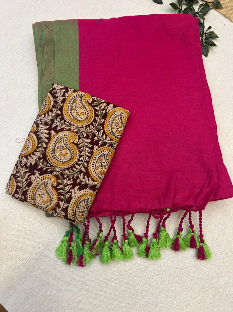 Pink Khadi Cotton Saree With Blouse | Extra Kalamkari Blouse|Lightweight Handloom Cotton Saree | KRISA