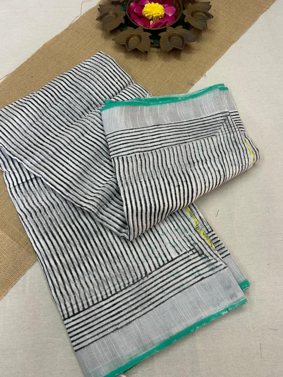 Bagru Handblock print Linen Saree with attached Blouse 777B01