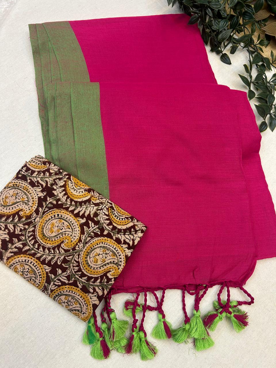 Pink Khadi Cotton Saree With Blouse | Extra Kalamkari Blouse|Lightweight Handloom Cotton Saree | KRISA