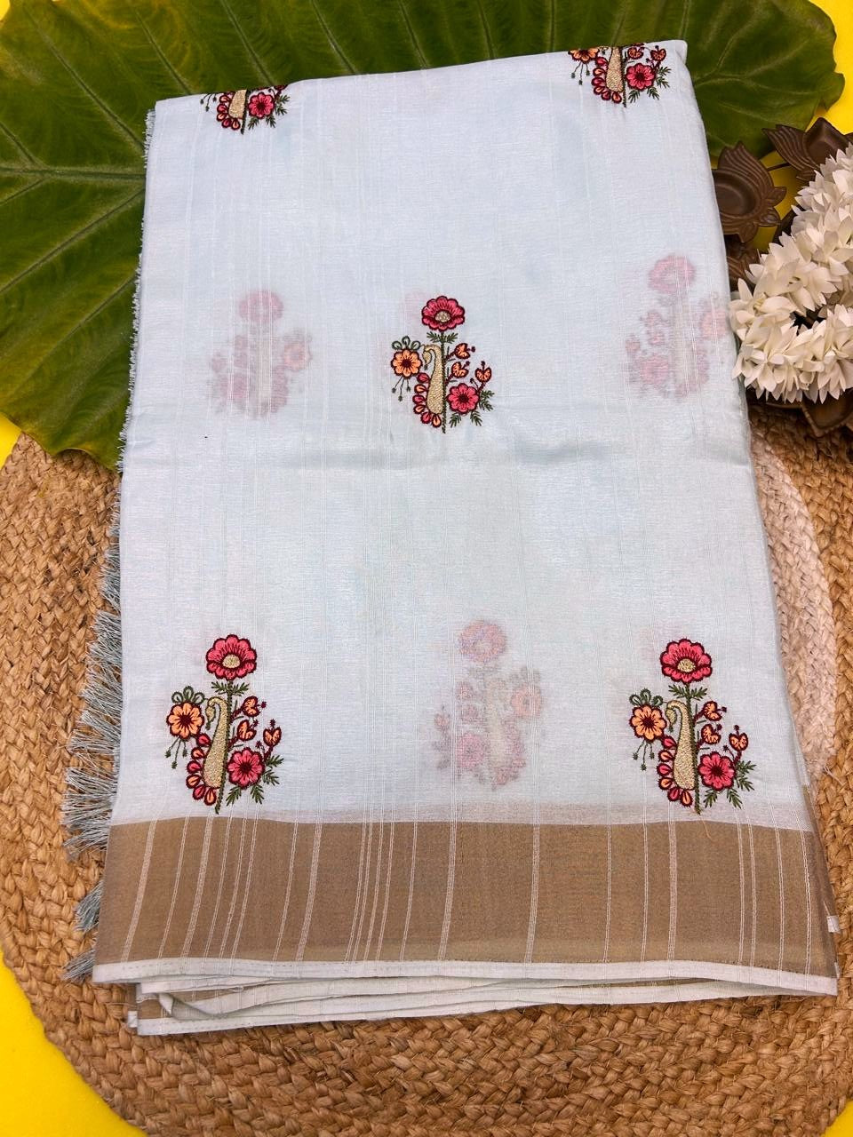 Premium Raw silk saree -light pastel sky blue  shade with zari lines all over the body