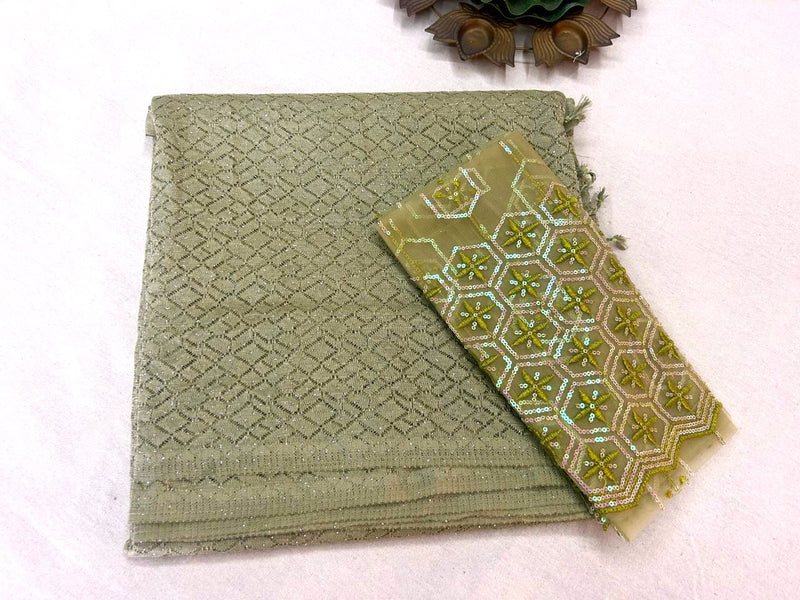 Green Diamond Zari Georgette Saree with Green Sequin Embroidered Blouse — Party & Festive Wear | Krisa Collections