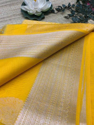 Premium Yellow Silk Cotton Saree with Silver Zari Border | Soft Saree for Women | KRISA Collections
