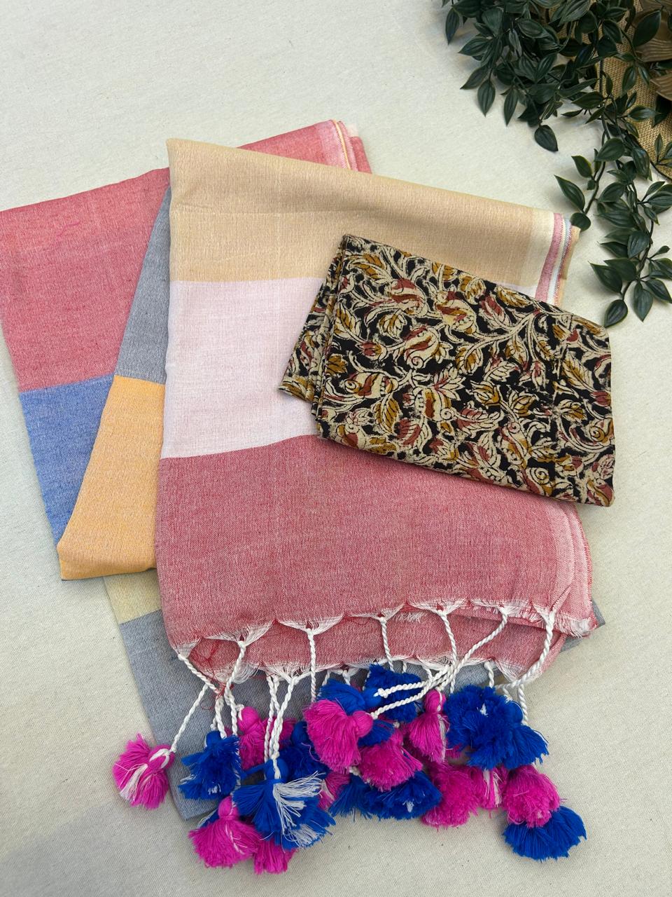 Multi-color Khadi Cotton Saree With Blouse | Extra Kalamkari Blouse|Lightweight Handloom Cotton Saree | KRISA