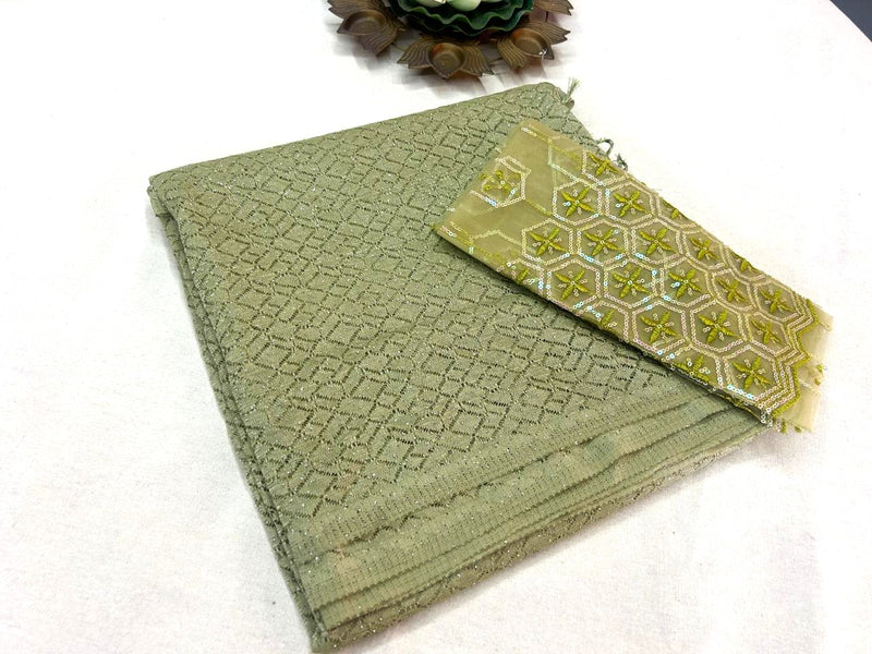 Green Diamond Zari Georgette Saree with Green Sequin Embroidered Blouse — Party & Festive Wear | Krisa Collections