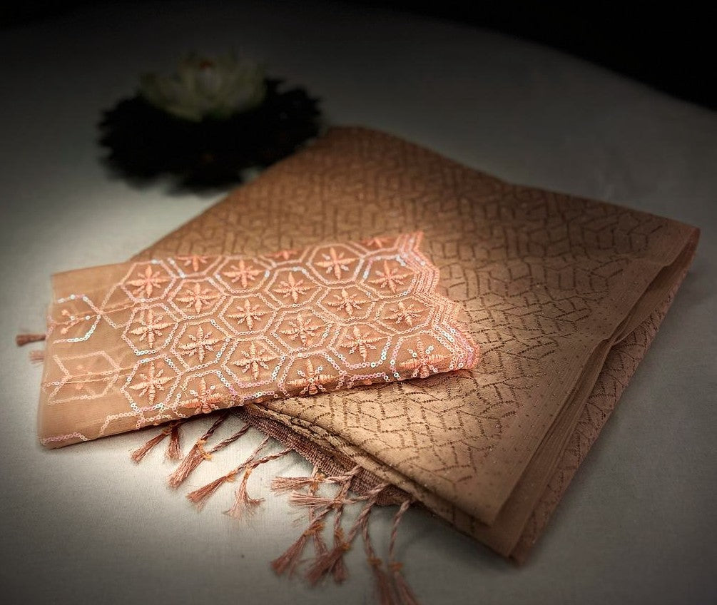 Beige Diamond Zari Georgette Saree with Peach Sequin Embroidered Blouse — Party & Festive Wear | Krisa Collection