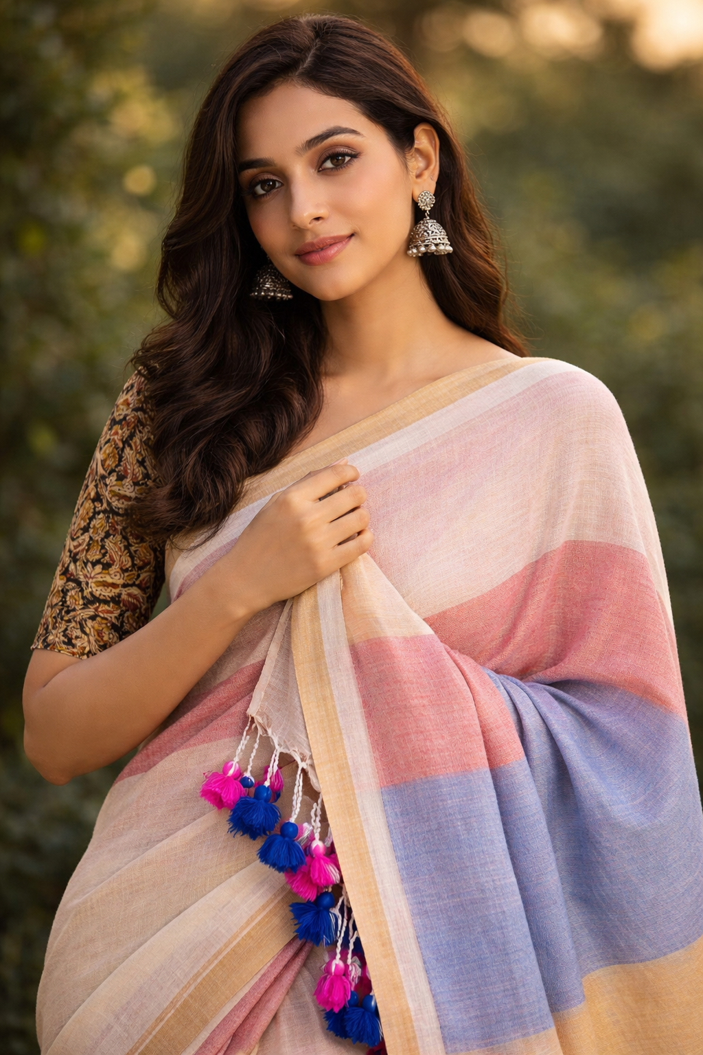 Multi-color Khadi Cotton Saree With Blouse | Extra Kalamkari Blouse|Lightweight Handloom Cotton Saree | KRISA